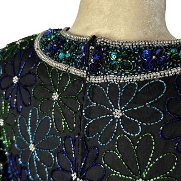 Laurence Kazar Black Beaded Silk Top Womens Small Vintage Sequin Party Blouse - Picture 6 of 12